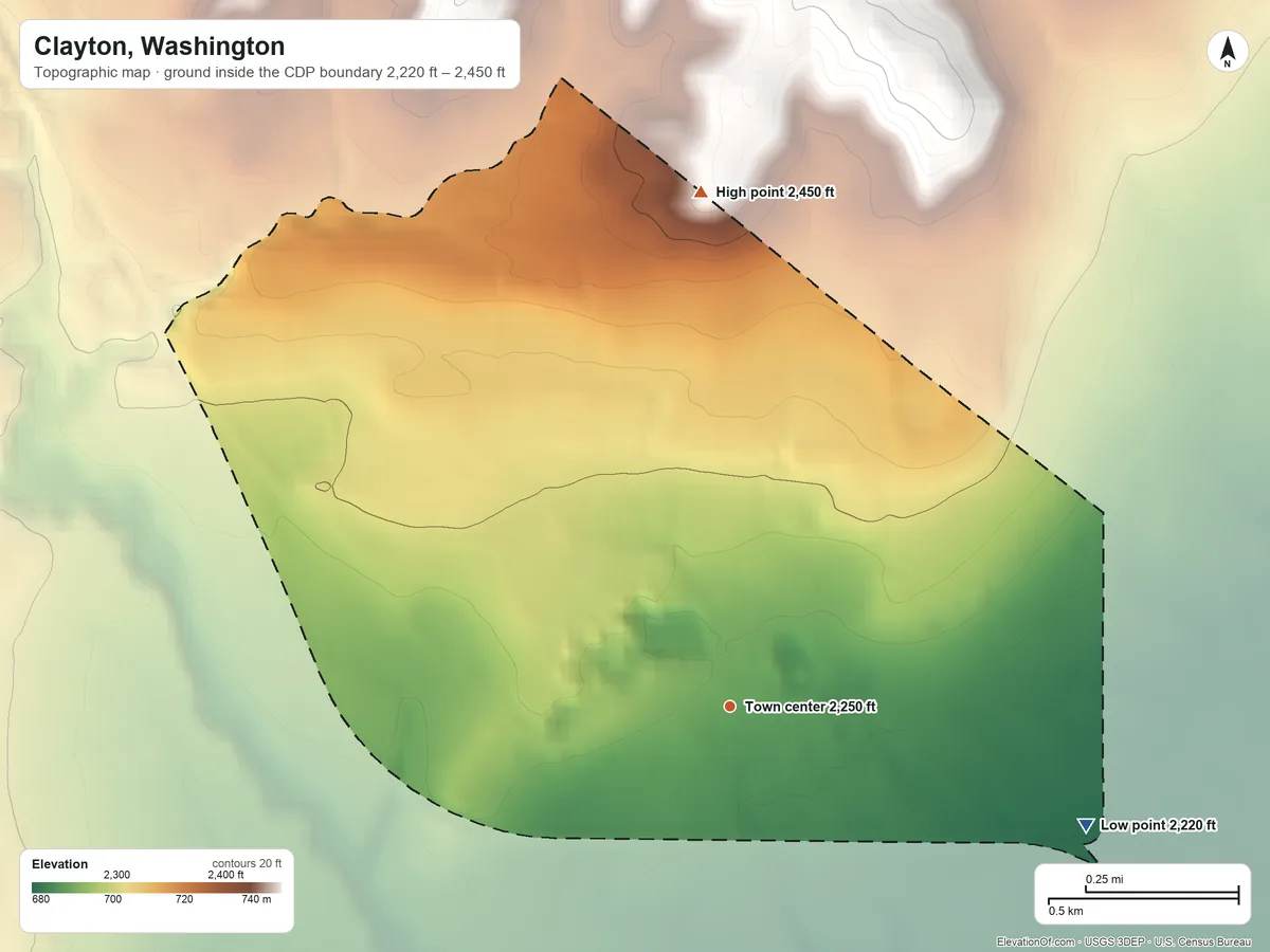 Topographic elevation map of Clayton, Washington, shaded from 2,220 ft on the east side to 2,450 ft on the north side