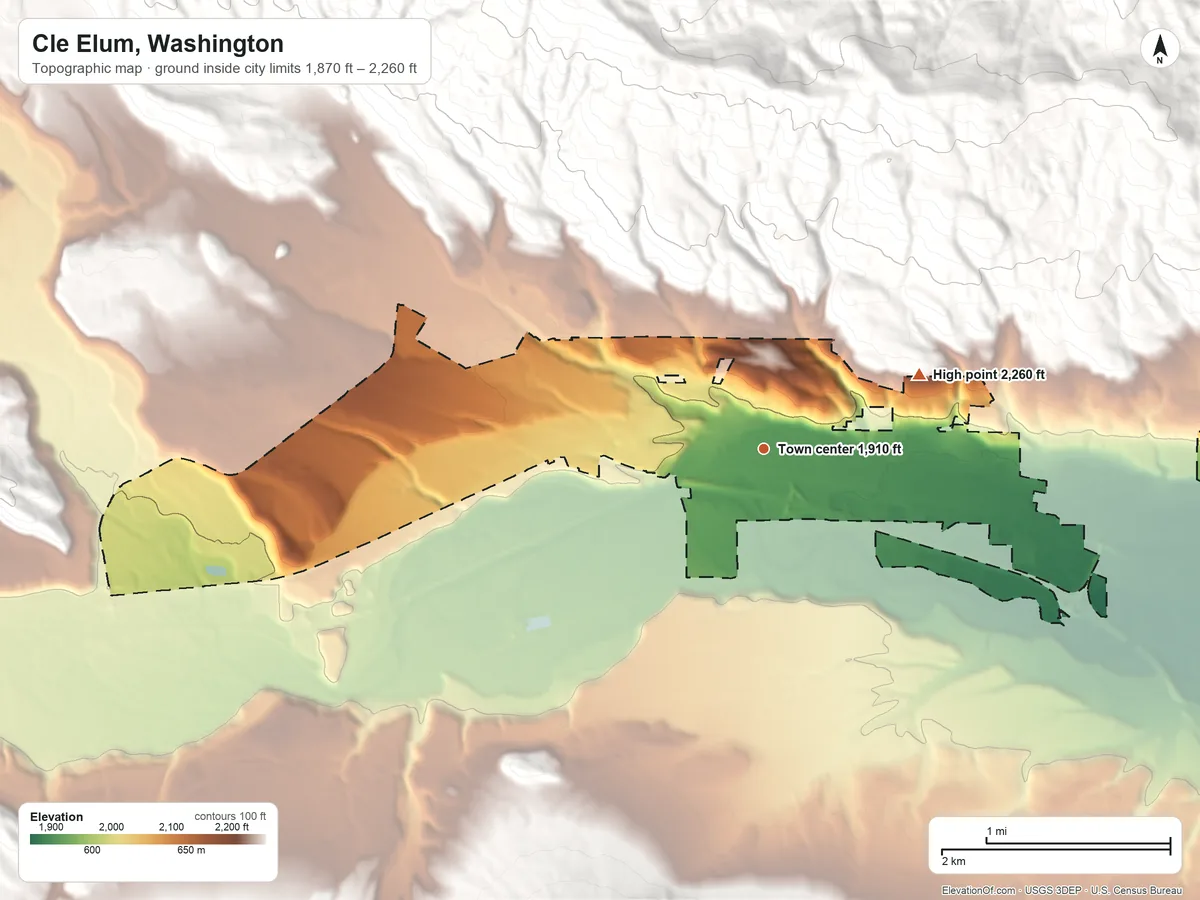 Topographic elevation map of Cle Elum, Washington, shaded from 1,870 ft on the east side to 2,260 ft on the northeast edge, below higher ground just outside
