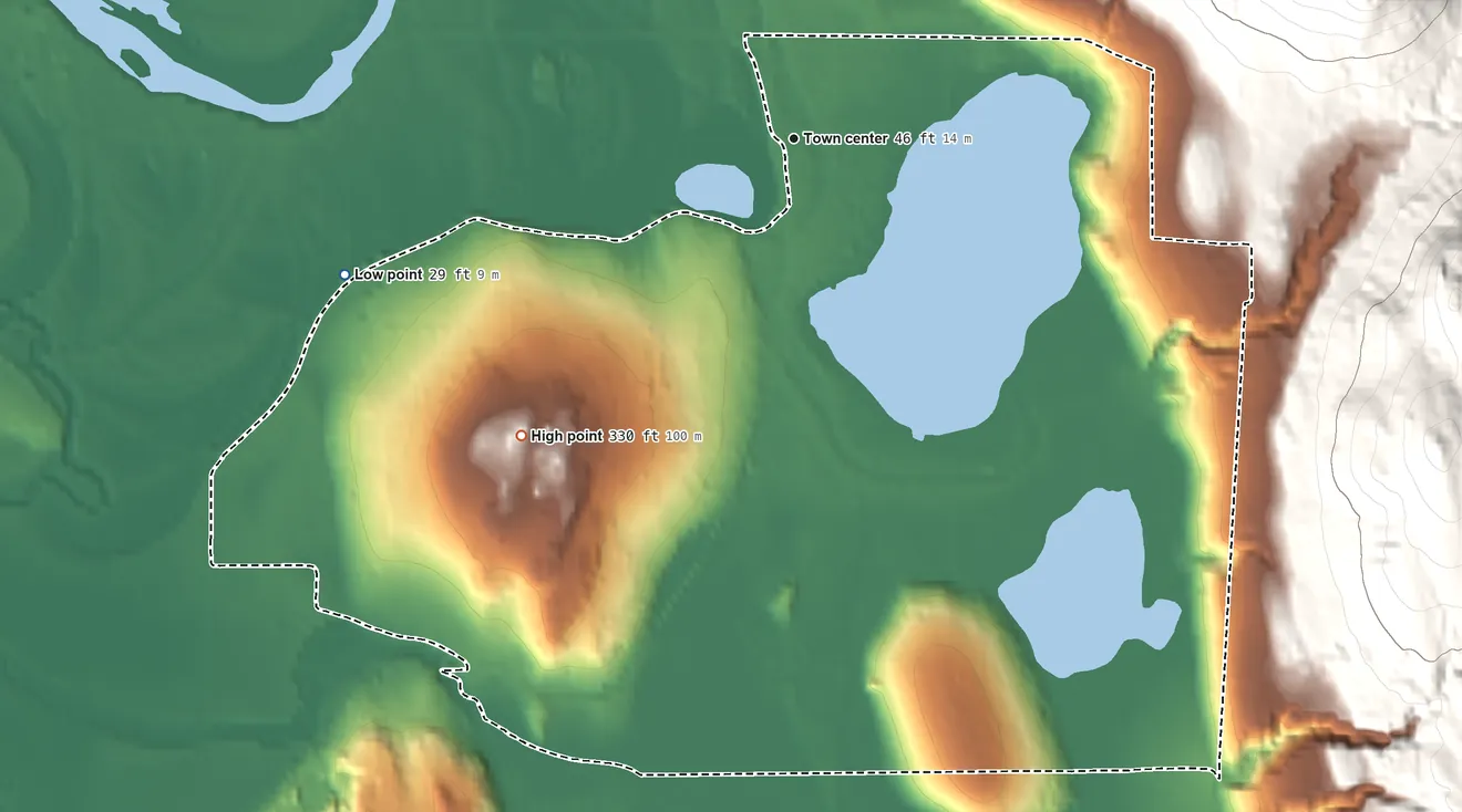 Topographic elevation map of Clear Lake, Skagit County, Washington, shaded from 29 ft on the west side to 330 ft at the foot of the Cultus Mountains