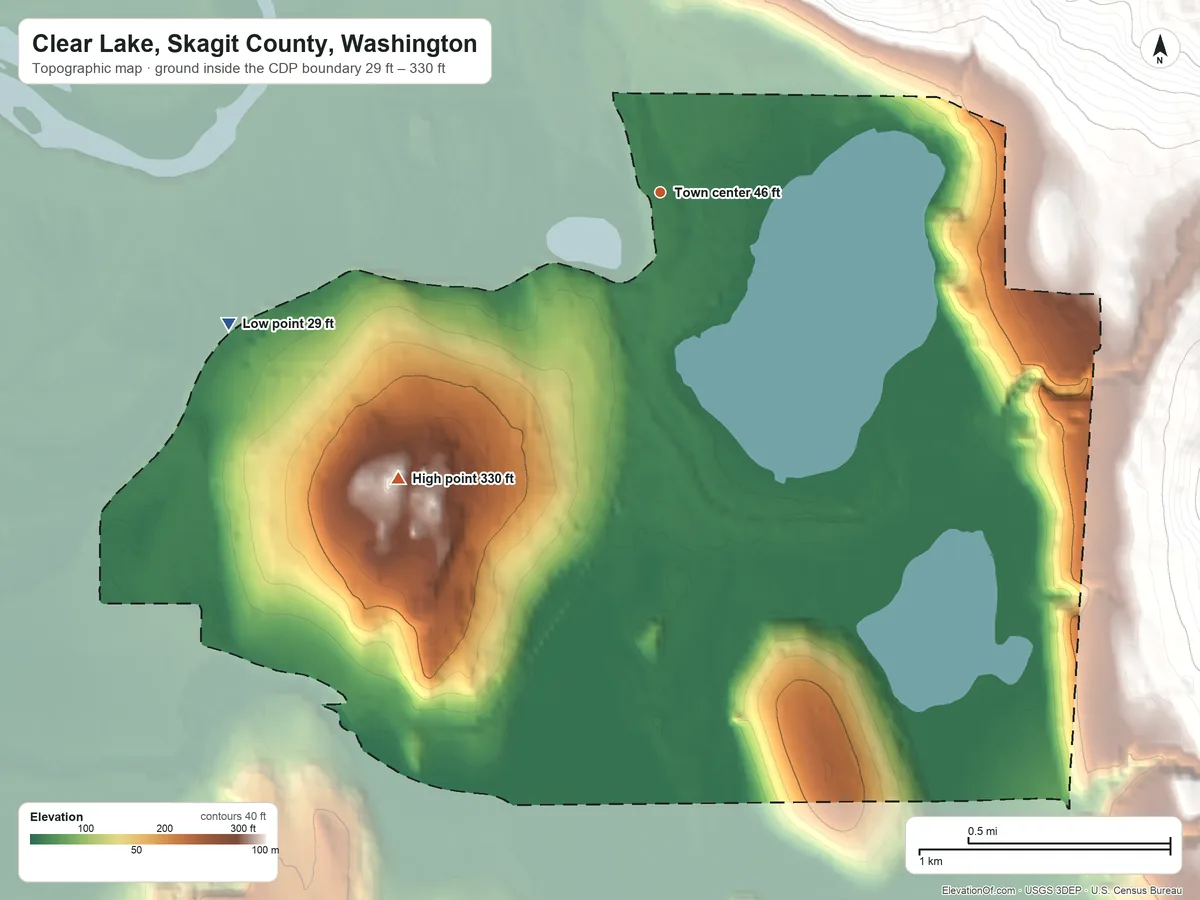 Topographic elevation map of Clear Lake, Skagit County, Washington, shaded from 29 ft on the west side to 330 ft at the foot of the Cultus Mountains