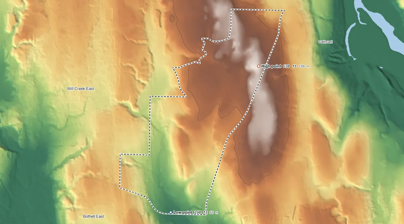Topographic elevation map of Clearview, Washington, shaded from 190 ft on the south side to 630 ft on the northeast side