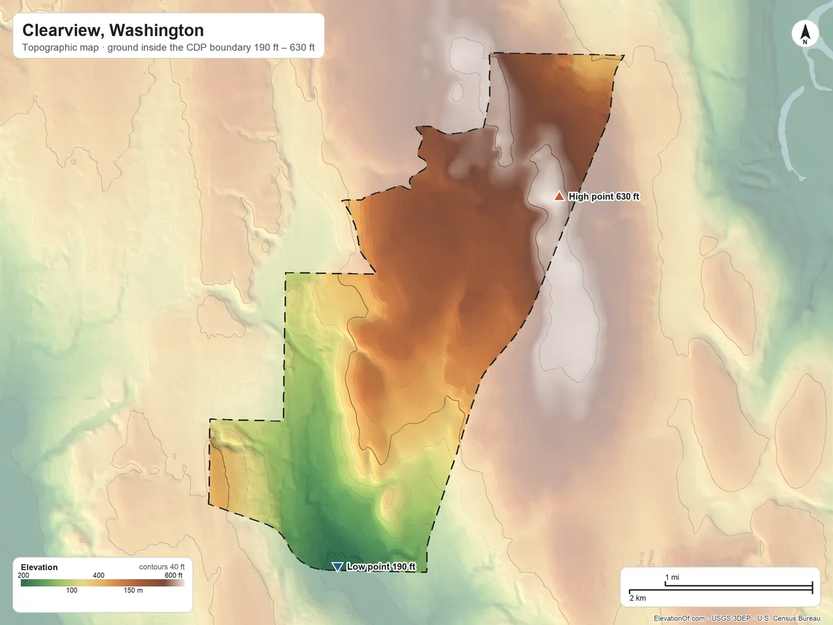 Topographic elevation map of Clearview, Washington, shaded from 190 ft on the south side to 630 ft on the northeast side