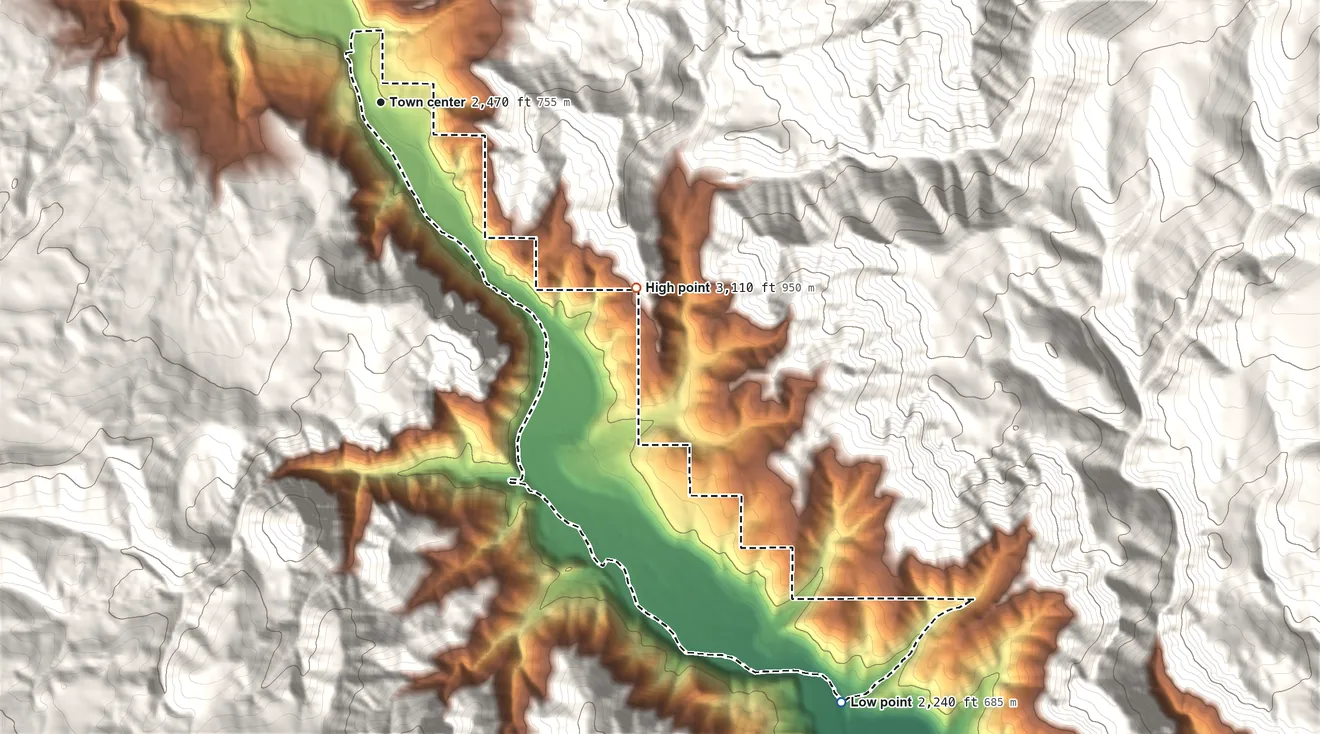 Topographic elevation map of Cliffdell, Washington, shaded from 2,240 ft on the southeast side to 3,110 ft on the southeast edge, below higher ground just outside