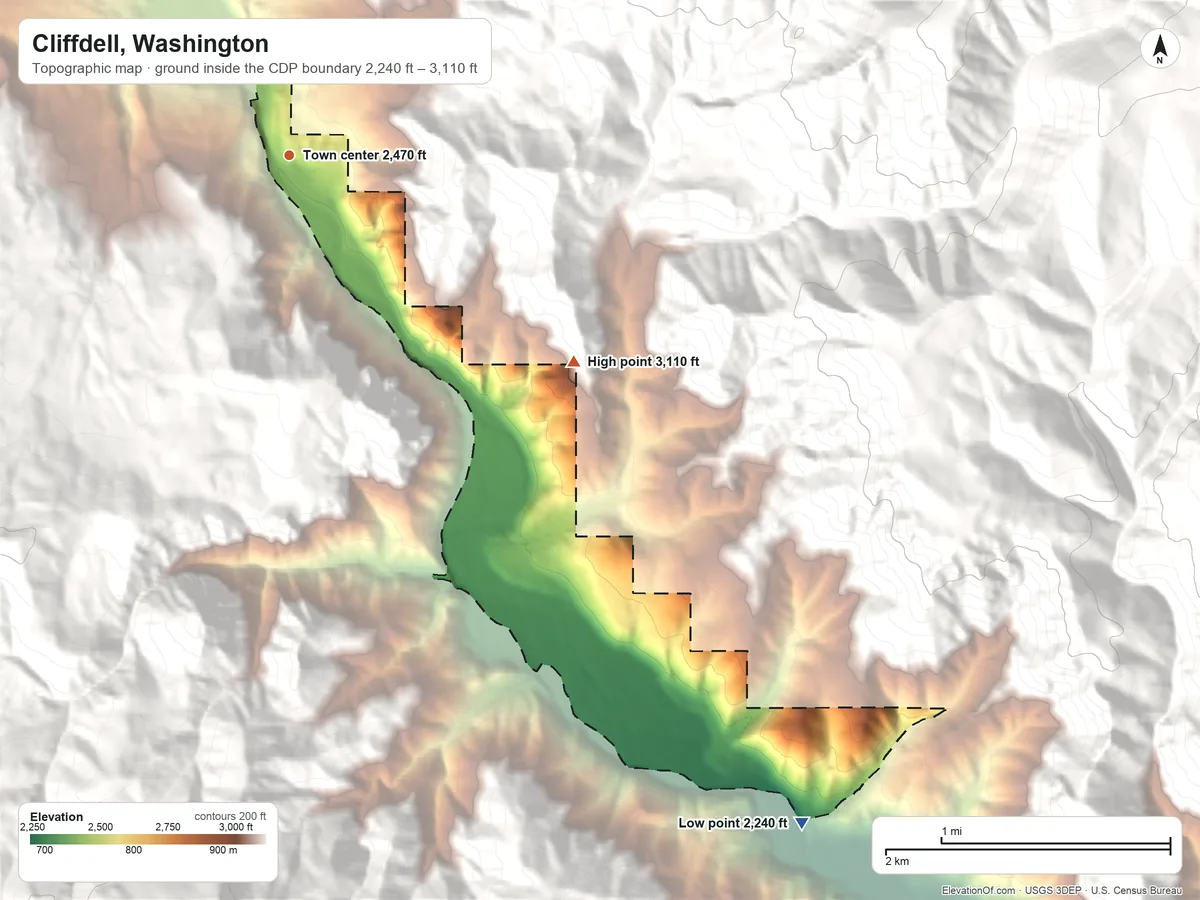 Topographic elevation map of Cliffdell, Washington, shaded from 2,240 ft on the southeast side to 3,110 ft on the southeast edge, below higher ground just outside