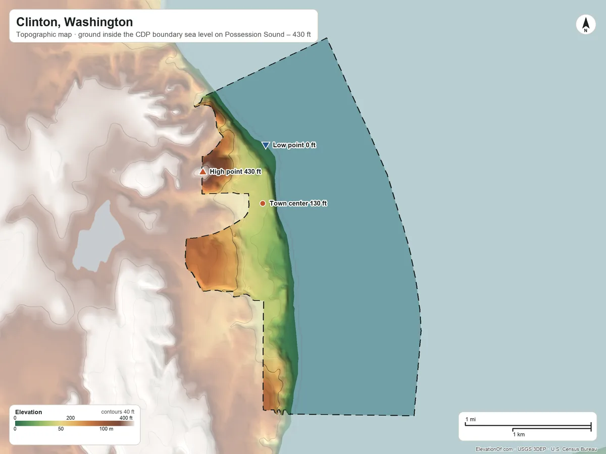 Topographic elevation map of Clinton, Washington, shaded from sea level level on Possession Sound to 430 ft on the northwest side