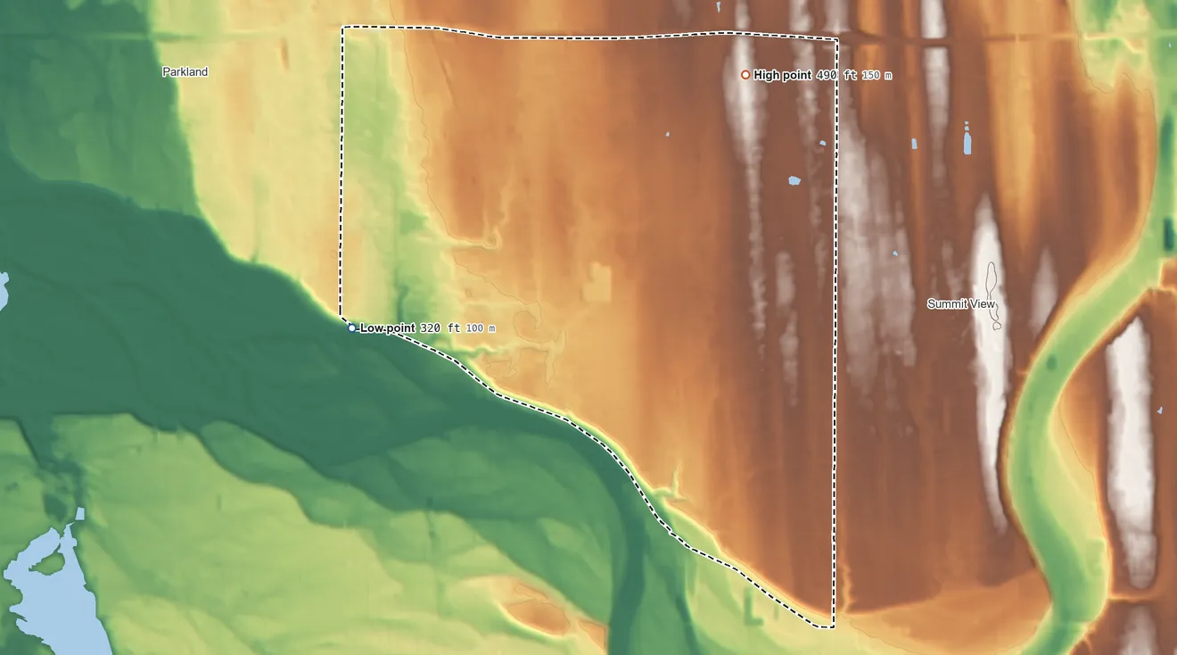 Topographic elevation map of Clover Creek, Washington, shaded from 320 ft on the west side to 490 ft on the northeast side