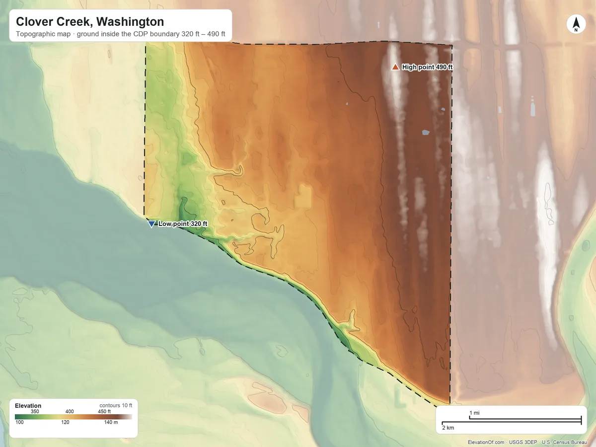 Topographic elevation map of Clover Creek, Washington, shaded from 320 ft on the west side to 490 ft on the northeast side