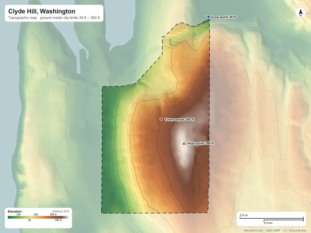Topographic elevation map of Clyde Hill, Washington, shaded from 39 ft on the northeast side to 390 ft on the southeast side