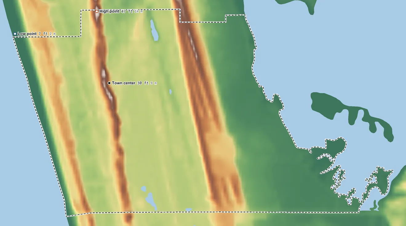 Topographic elevation map of Cohassett Beach, Washington, shaded from 7 ft on the northwest side to 47 ft on the north side