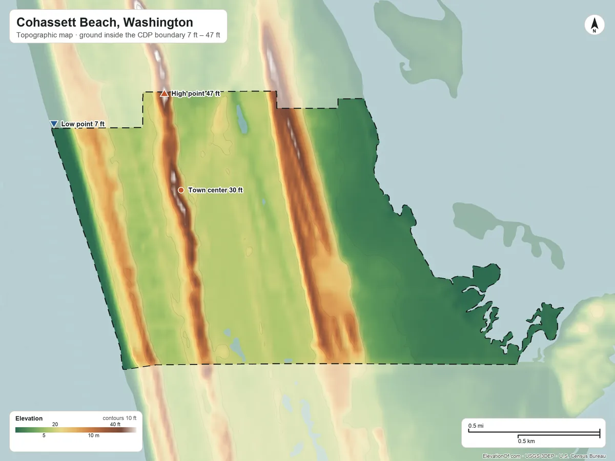 Topographic elevation map of Cohassett Beach, Washington, shaded from 7 ft on the northwest side to 47 ft on the north side