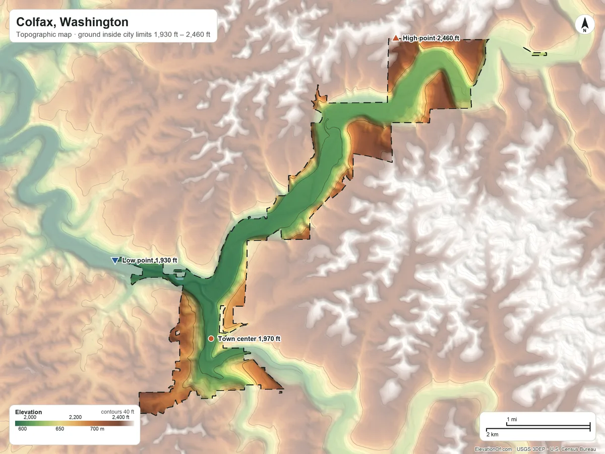 Topographic elevation map of Colfax, Washington, shaded from 1,930 ft on the northwest side to 2,460 ft on the northeast side