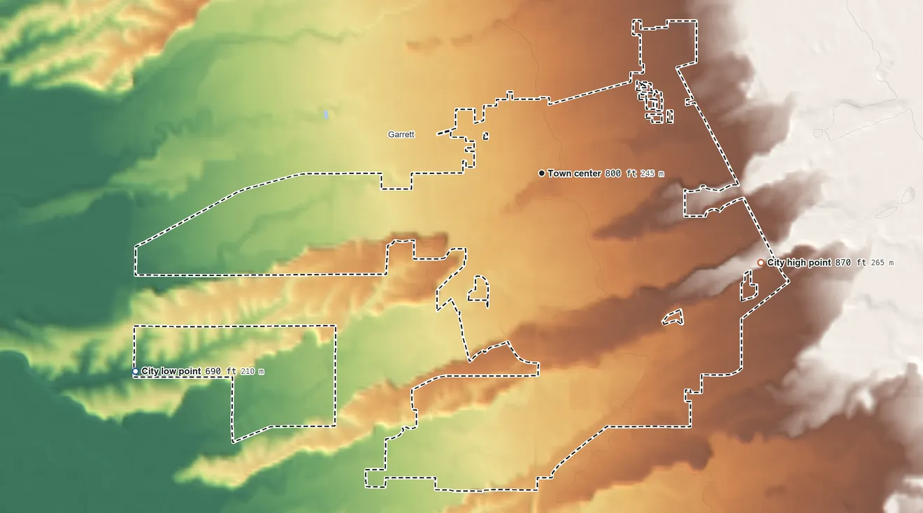 Topographic elevation map of College Place, Washington, shaded from 690 ft on the southwest side to 870 ft on the east side
