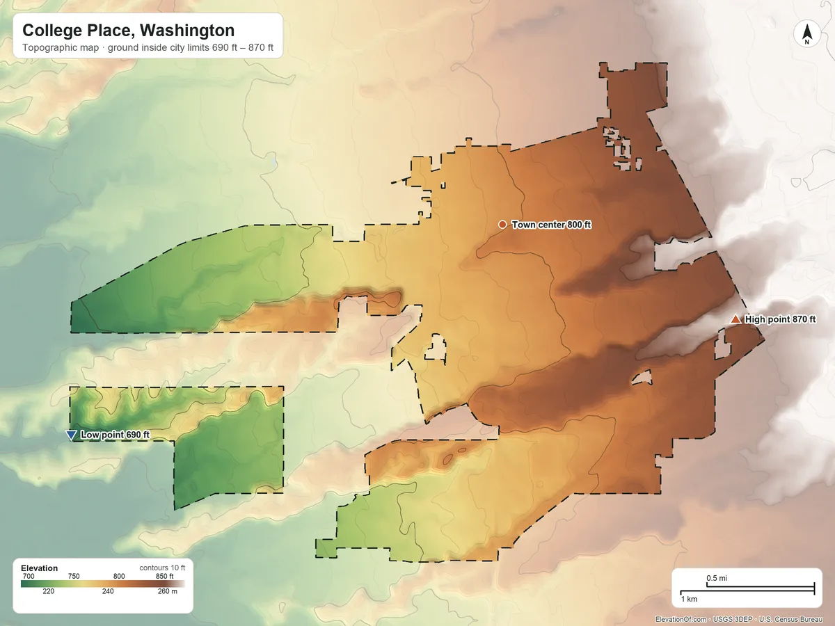Topographic elevation map of College Place, Washington, shaded from 690 ft on the southwest side to 870 ft on the east side