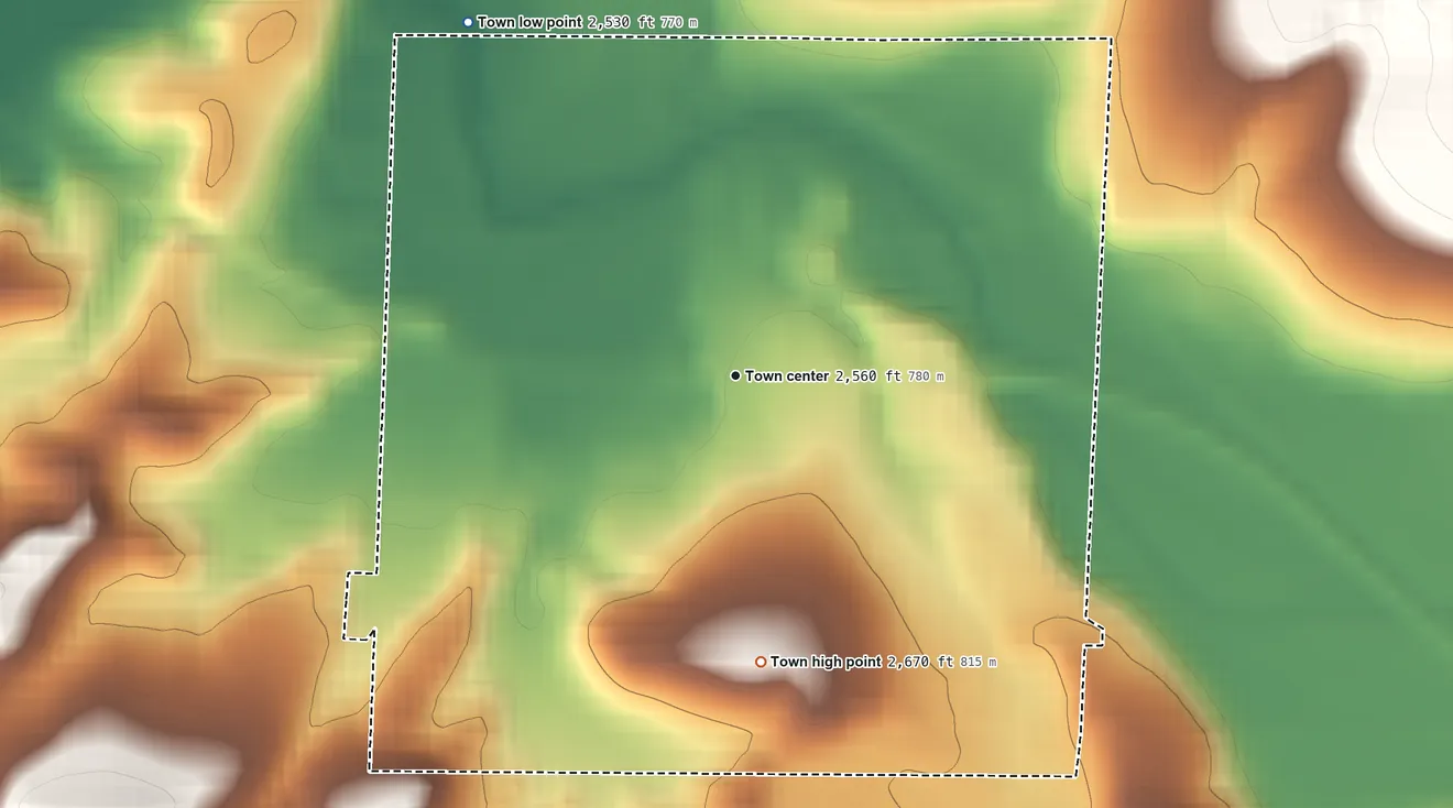 Topographic elevation map of Colton, Washington, shaded from 2,530 ft on the northwest side to 2,670 ft on the south side