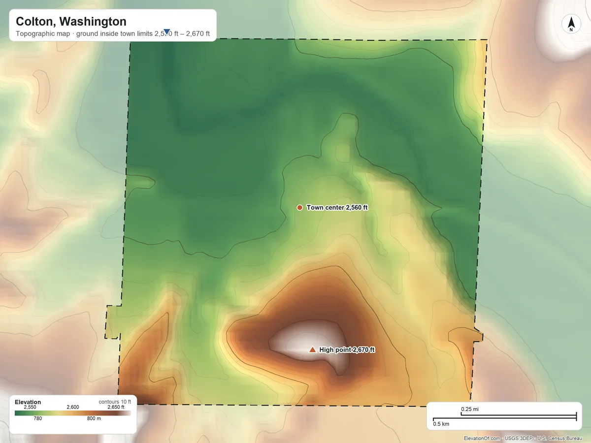 Topographic elevation map of Colton, Washington, shaded from 2,530 ft on the northwest side to 2,670 ft on the south side