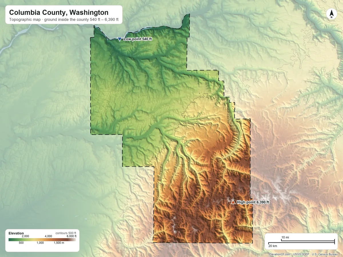 Topographic elevation map of Columbia County, Washington, shaded from 540 ft on the northwest side to 6,390 ft on Oregon Butte