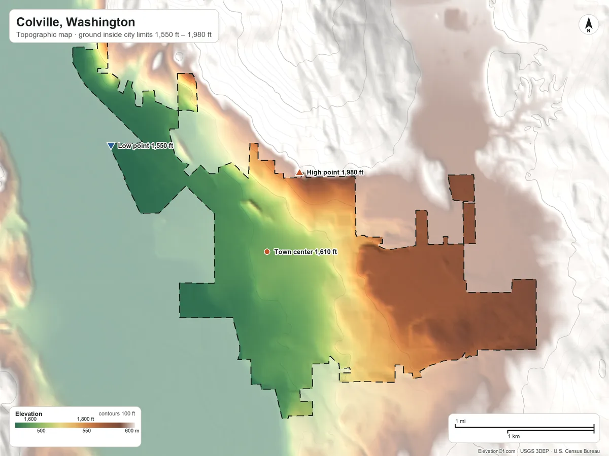 Topographic elevation map of Colville, Washington, shaded from 1,550 ft on the northwest side to 1,980 ft at the foot of the Huckleberry Range