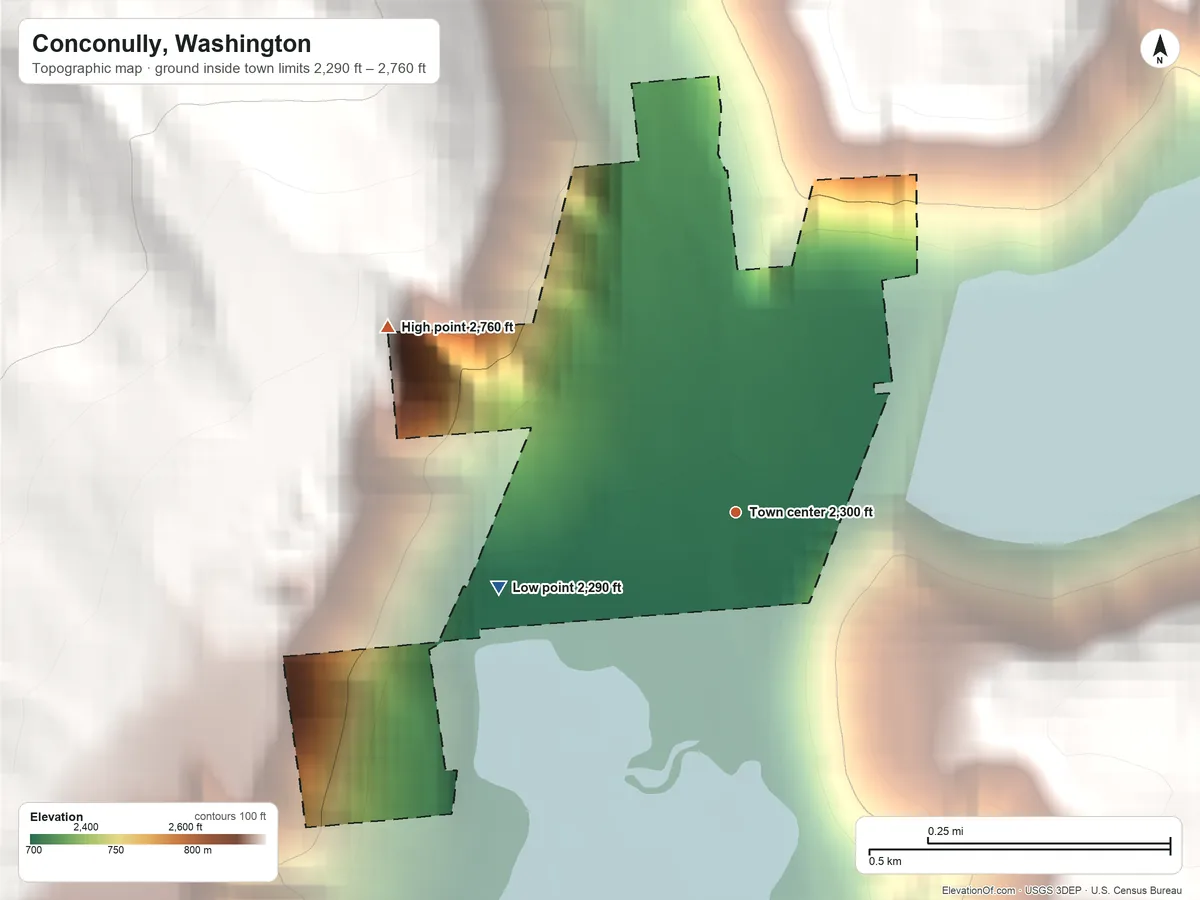Topographic elevation map of Conconully, Washington, shaded from 2,290 ft on the west side to 2,760 ft at the foot of the Lime Belt