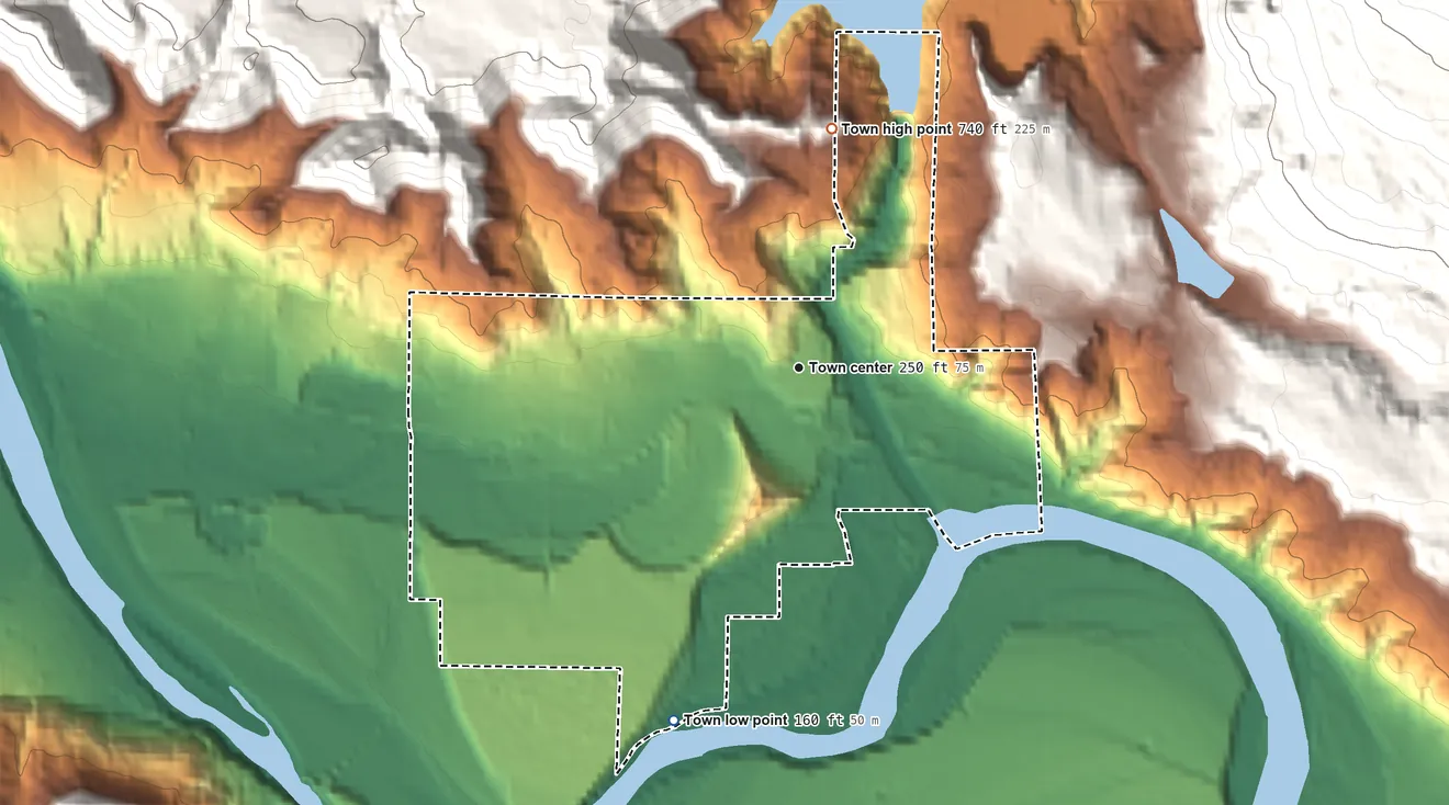 Topographic elevation map of Concrete, Washington, shaded from 160 ft on the south side to 740 ft on the north edge, below higher ground just outside