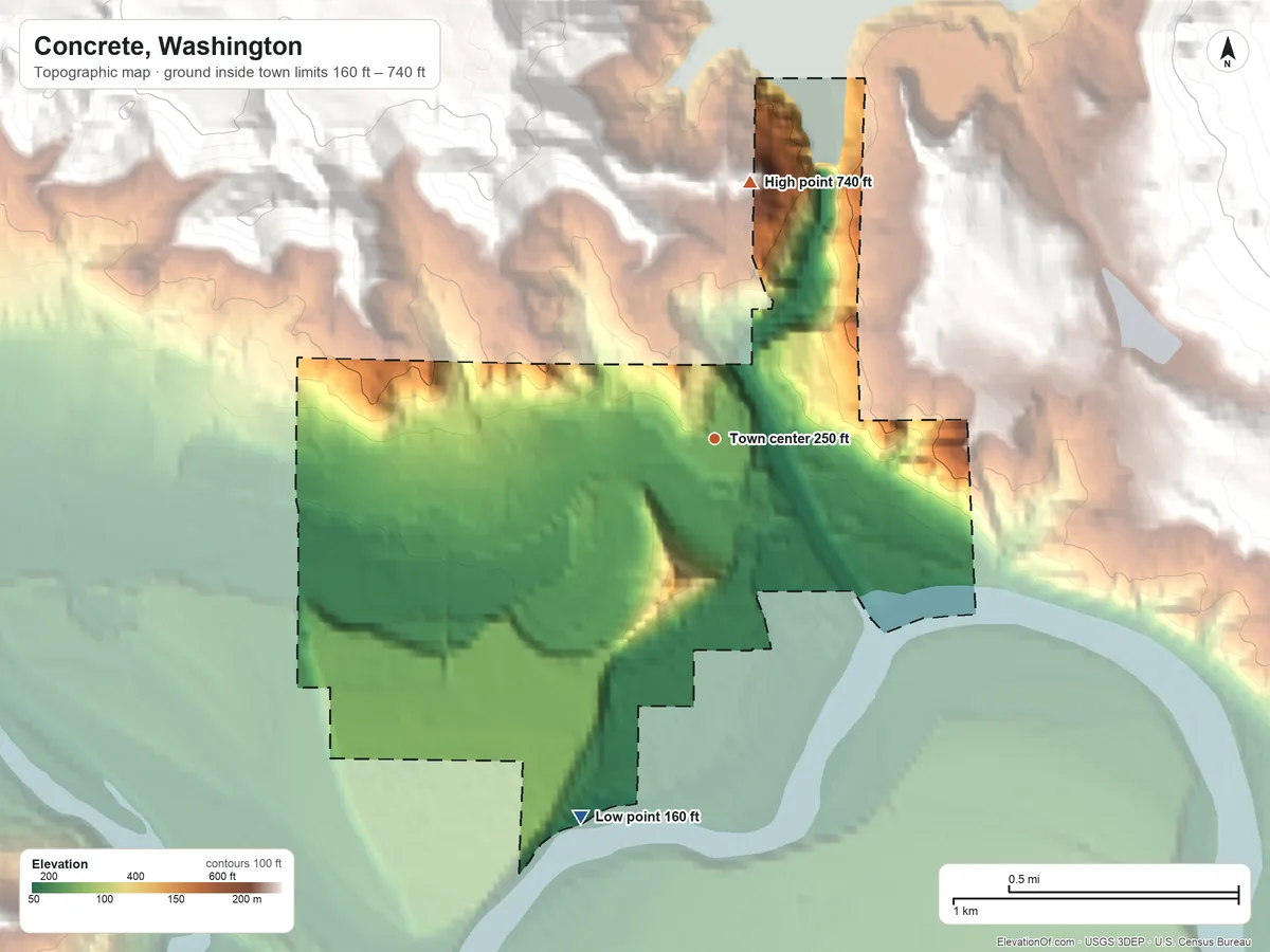 Topographic elevation map of Concrete, Washington, shaded from 160 ft on the south side to 740 ft on the north edge, below higher ground just outside