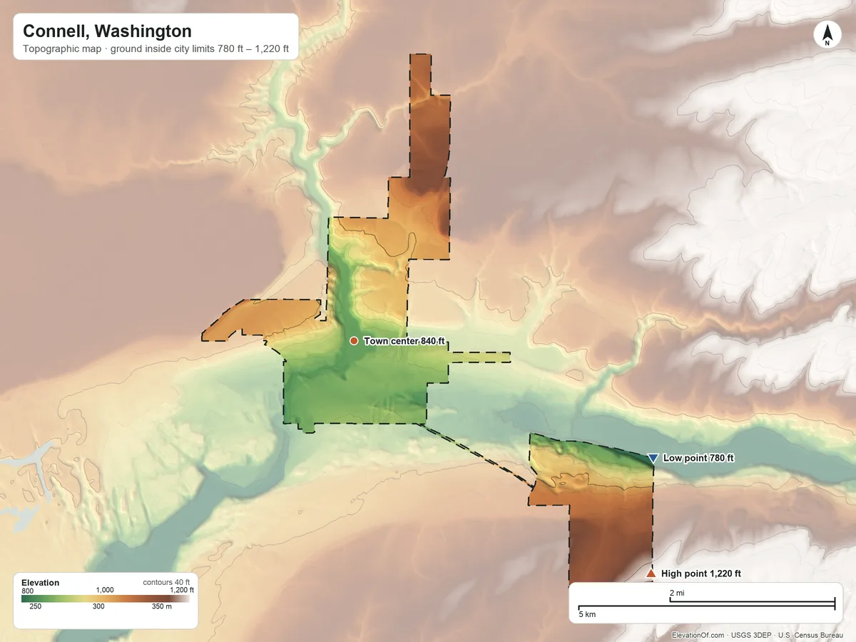Topographic elevation map of Connell, Washington, shaded from 780 ft on the east side to 1,220 ft on the southeast side