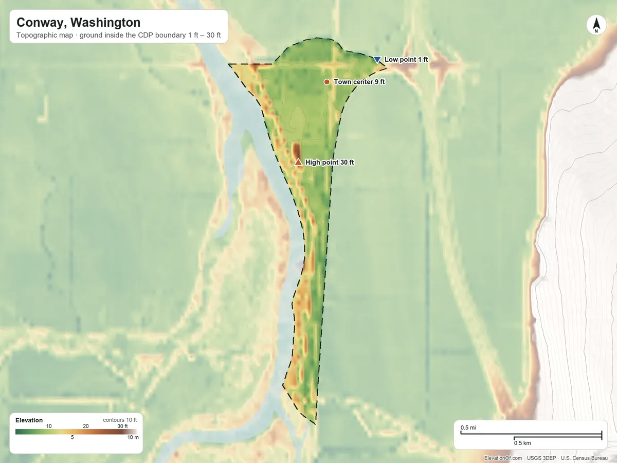Topographic elevation map of Conway, Washington, shaded from 1 ft on the northeast side to 30 ft on the south side