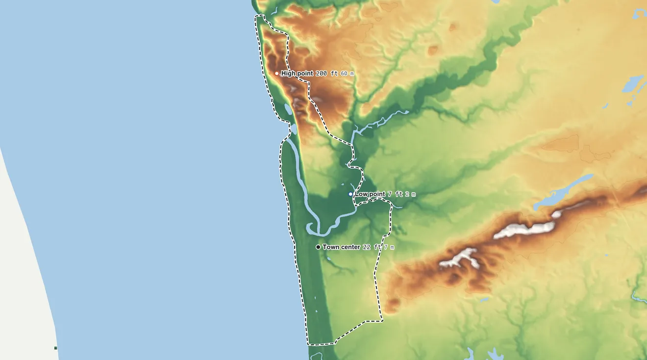 Topographic elevation map of Copalis Beach, Washington, shaded from 7 ft on the northeast side to 200 ft on the north side