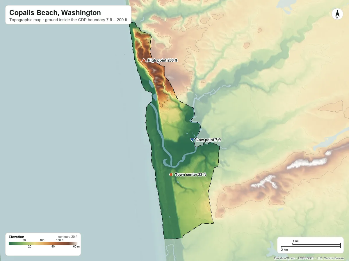 Topographic elevation map of Copalis Beach, Washington, shaded from 7 ft on the northeast side to 200 ft on the north side