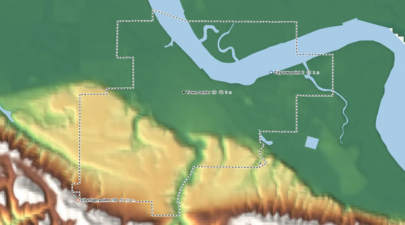 Topographic elevation map of Cosmopolis, Washington, shaded from 2 ft on the east side to 290 ft on the southwest edge, below higher ground just outside