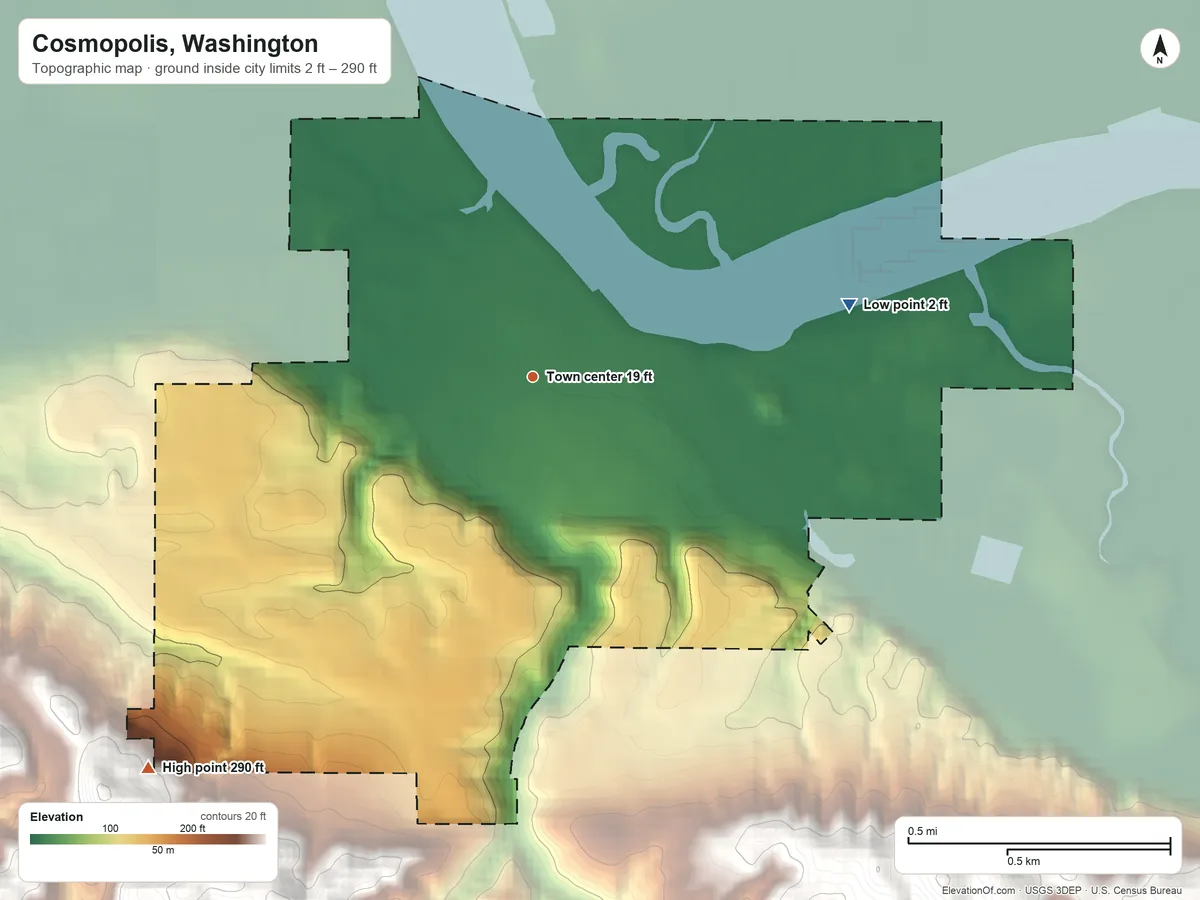Topographic elevation map of Cosmopolis, Washington, shaded from 2 ft on the east side to 290 ft on the southwest edge, below higher ground just outside
