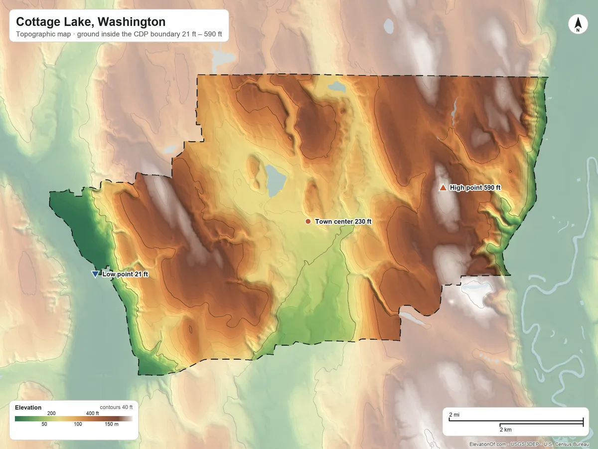 Topographic elevation map of Cottage Lake, Washington, shaded from 21 ft on the west side to 590 ft on Ring Hill