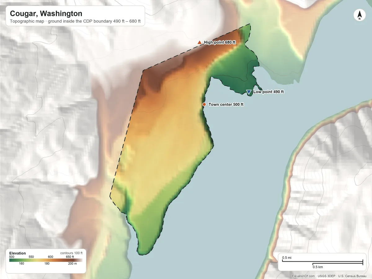 Topographic elevation map of Cougar, Washington, shaded from 490 ft on the east side to 680 ft at the foot of the Paradise Hills