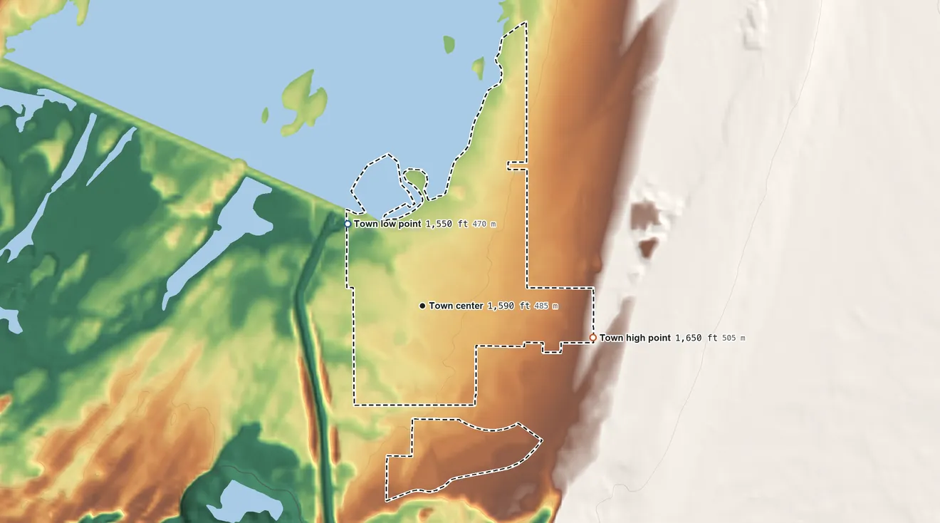 Topographic elevation map of Coulee City, Washington, shaded from 1,550 ft on the northwest side to 1,650 ft on the east side