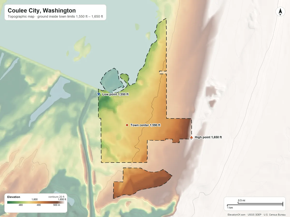 Topographic elevation map of Coulee City, Washington, shaded from 1,550 ft on the northwest side to 1,650 ft on the east side