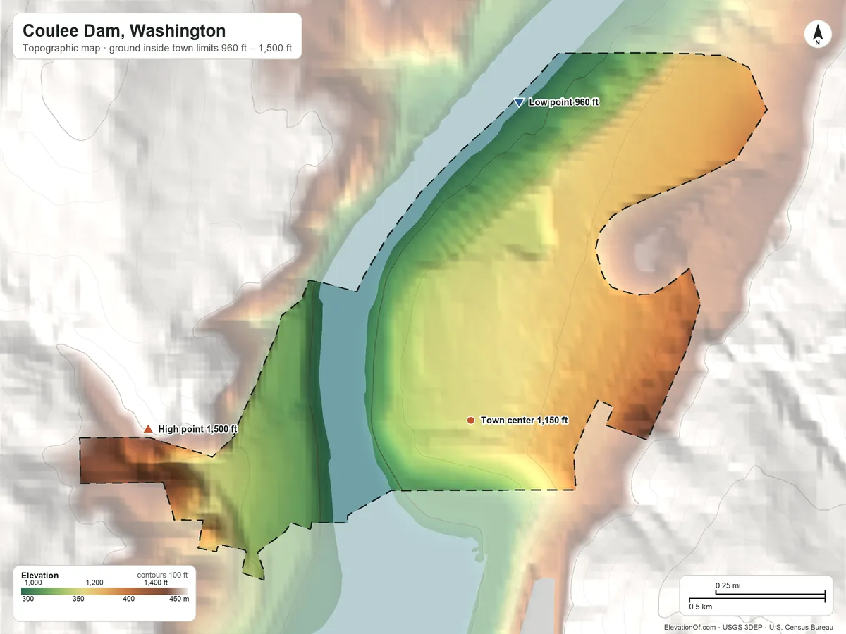 Topographic elevation map of Coulee Dam, Washington, shaded from 960 ft on the north side to 1,500 ft on the west edge, below higher ground just outside