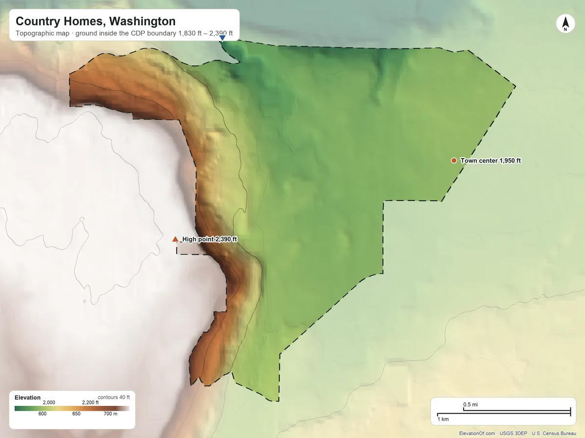 Topographic elevation map of Country Homes, Washington, shaded from 1,830 ft on the northwest side to 2,390 ft on the west side