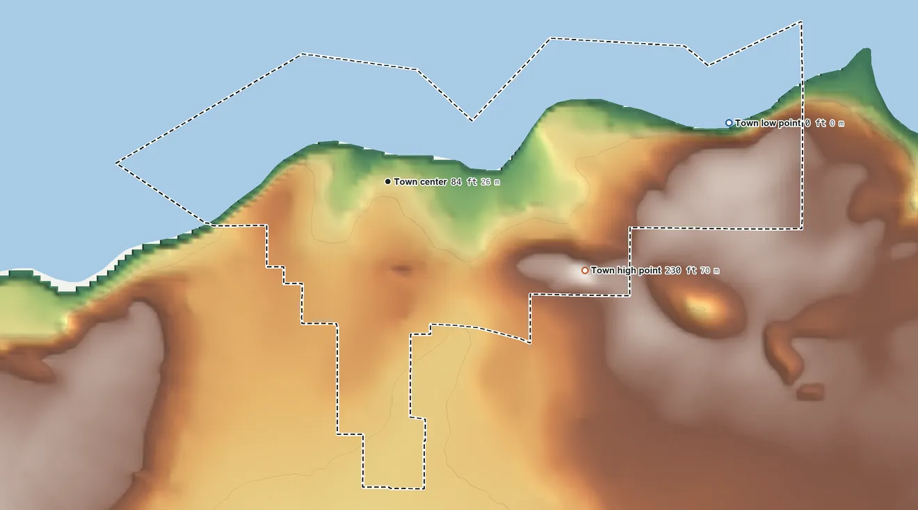 Topographic elevation map of Coupeville, Washington, shaded from sea level level on Penn Cove to 230 ft on the southeast side