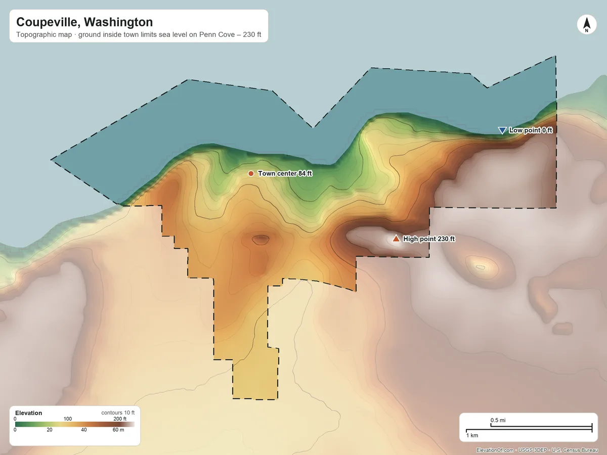 Topographic elevation map of Coupeville, Washington, shaded from sea level level on Penn Cove to 230 ft on the southeast side