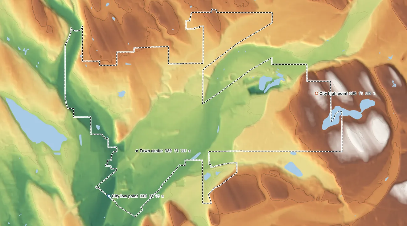 Topographic elevation map of Covington, Washington, shaded from 310 ft on the southwest side to 600 ft on the east side