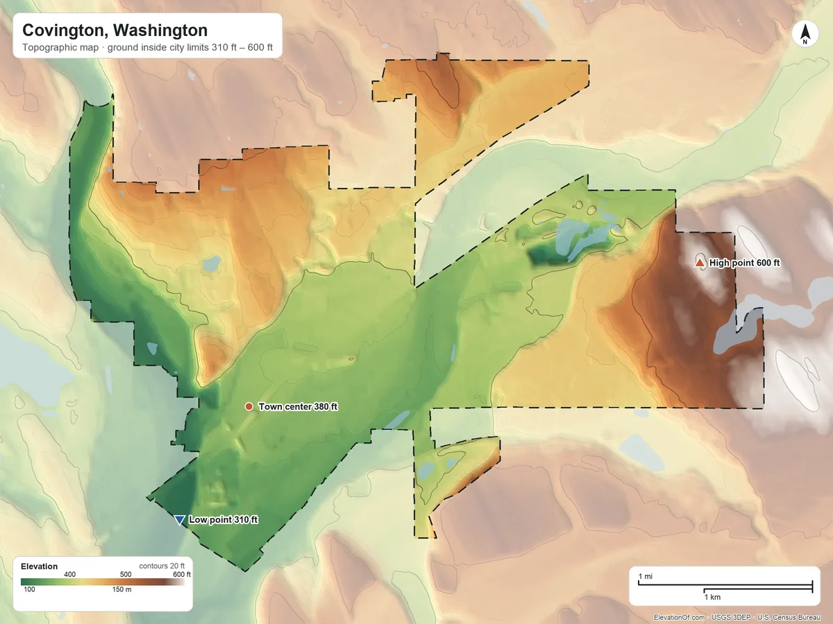 Topographic elevation map of Covington, Washington, shaded from 310 ft on the southwest side to 600 ft on the east side