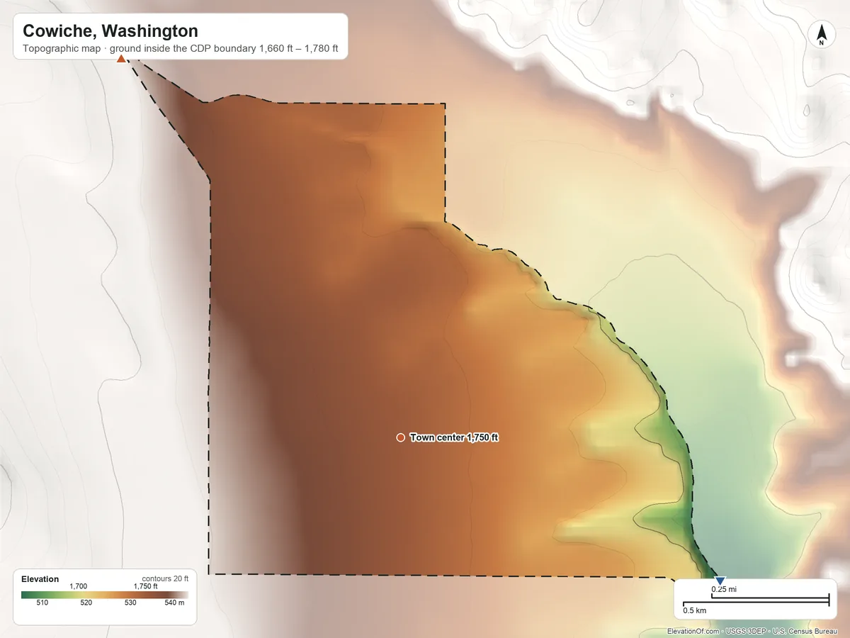 Topographic elevation map of Cowiche, Washington, shaded from 1,660 ft on the southeast side to 1,780 ft on the northwest edge, below higher ground just outside