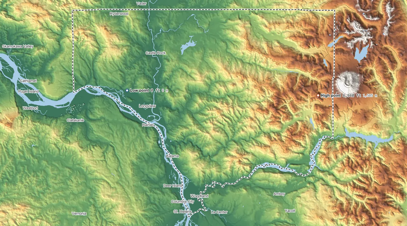 Topographic elevation map of Cowlitz County, Washington, shaded from 0 ft on the west side to 4,940 ft on Goat Mountain