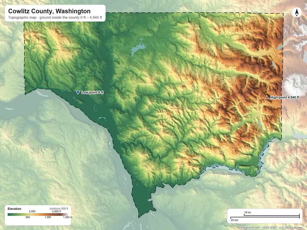 Topographic elevation map of Cowlitz County, Washington, shaded from 0 ft on the west side to 4,940 ft on Goat Mountain