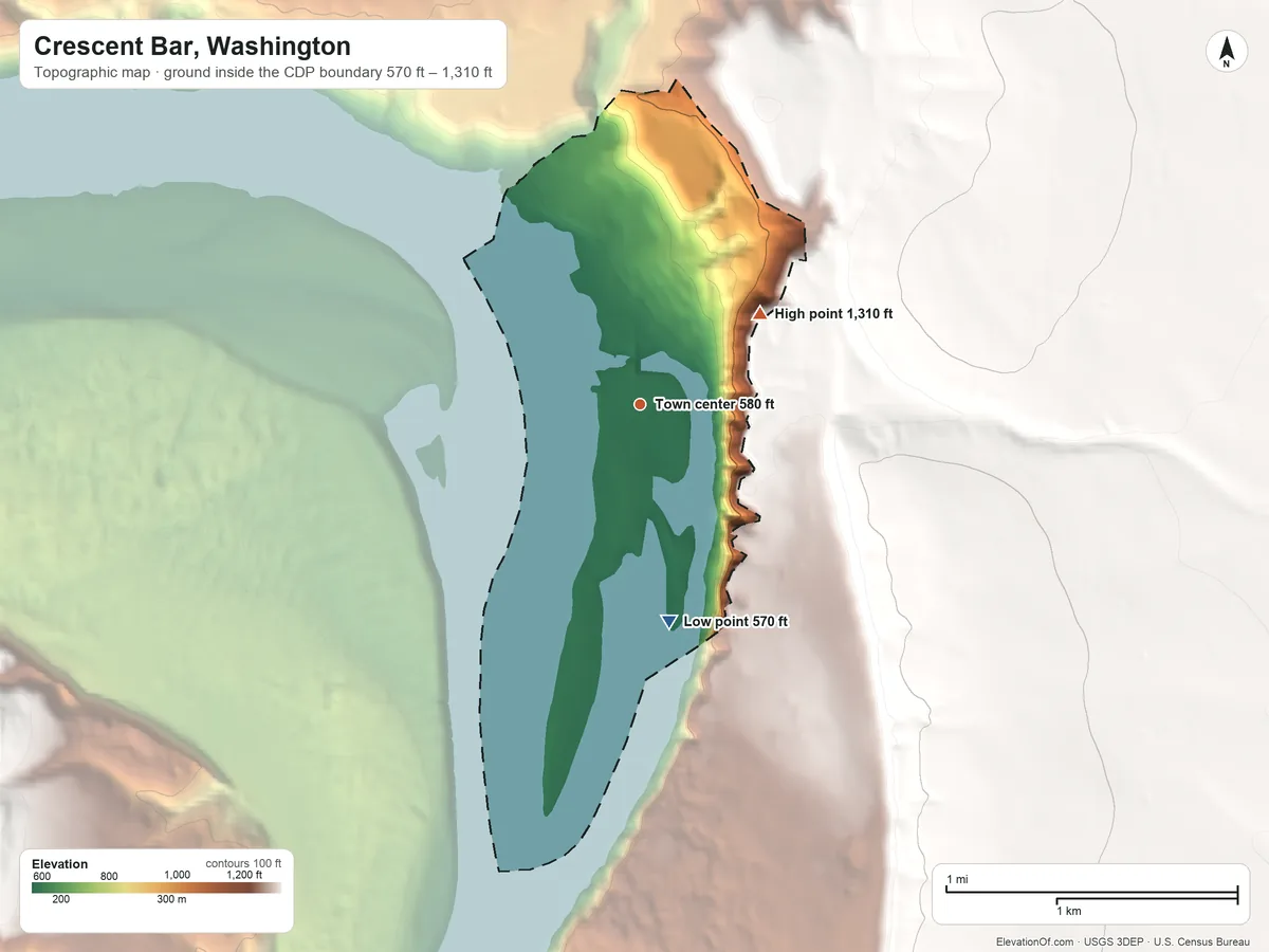 Topographic elevation map of Crescent Bar, Washington, shaded from 570 ft on the south side to 1,310 ft on the northeast side