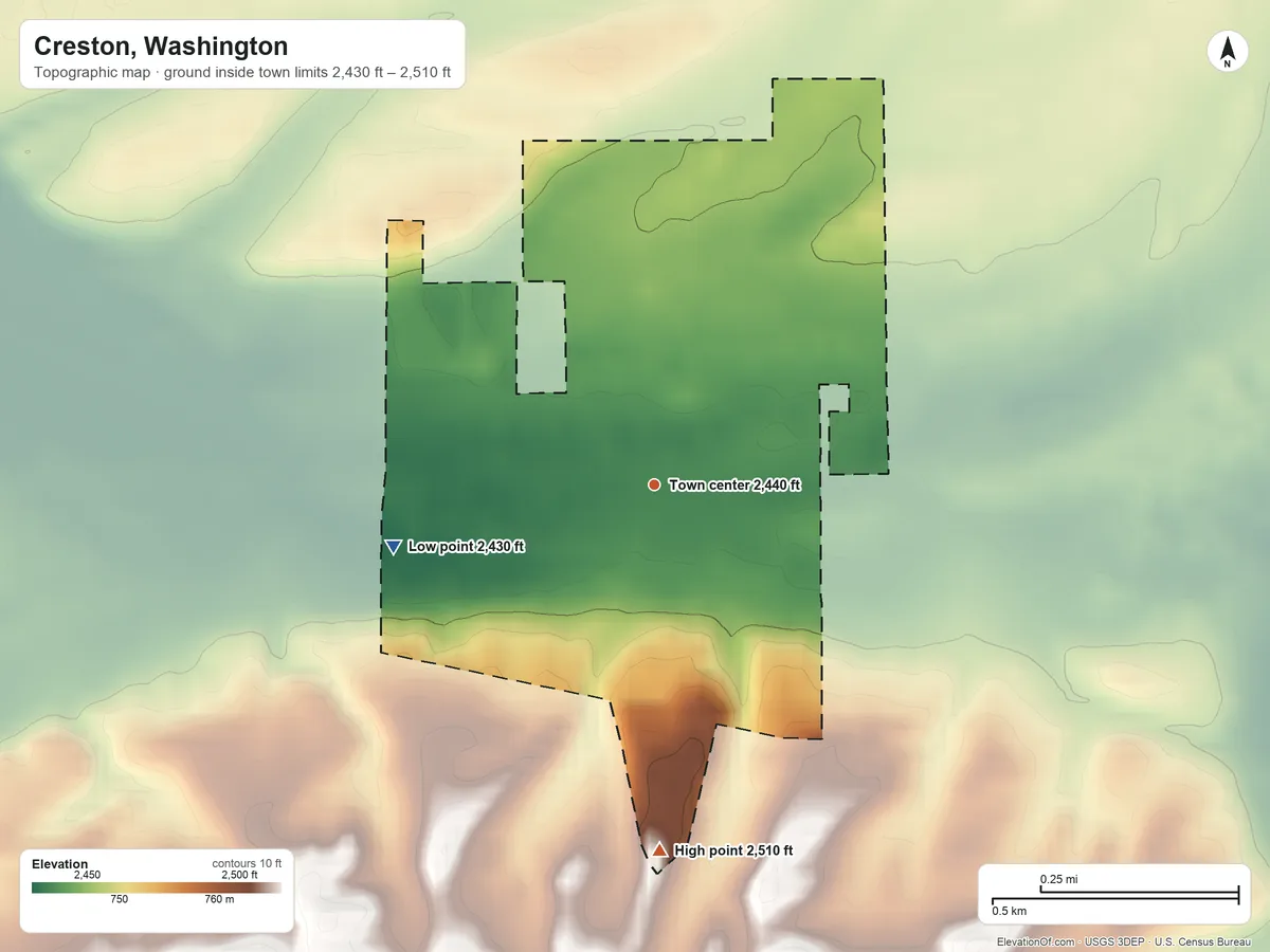 Topographic elevation map of Creston, Washington, shaded from 2,430 ft on the west side to 2,510 ft on the south side