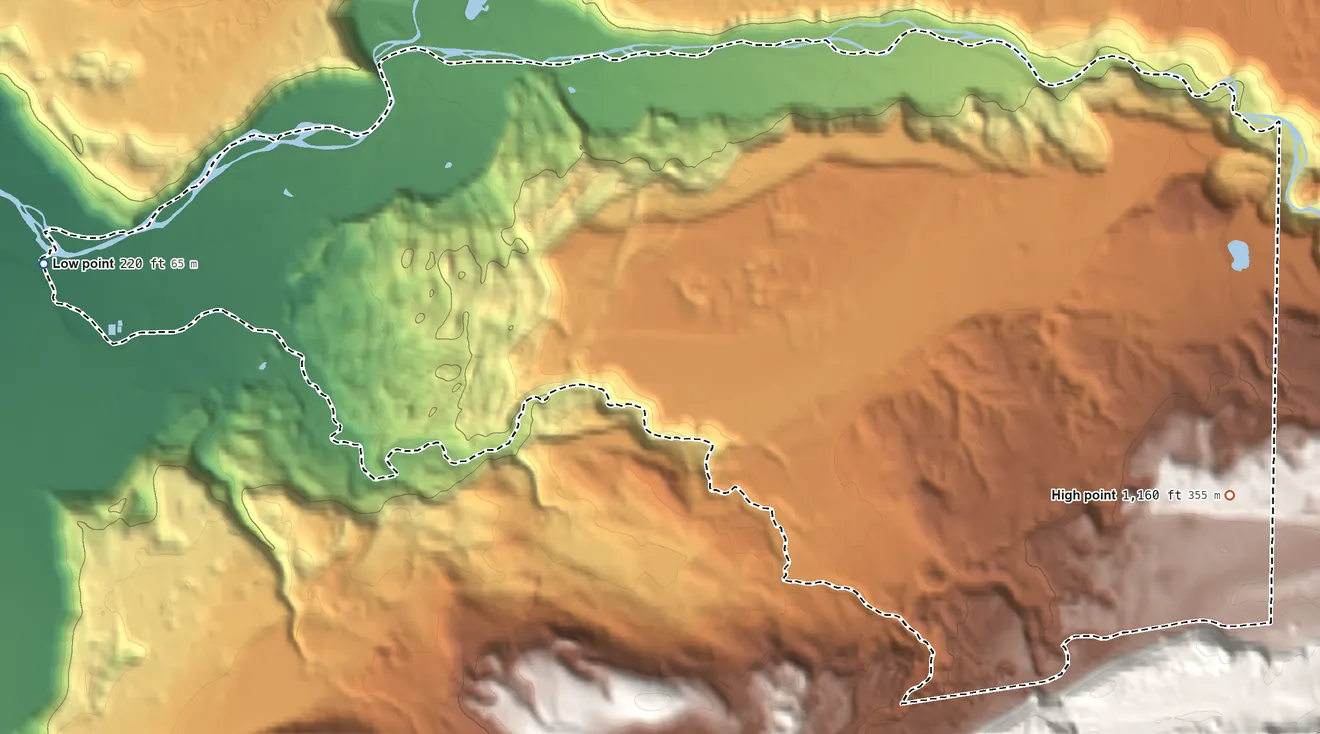 Topographic elevation map of Crocker, Washington, shaded from 220 ft on the west side to 1,160 ft on the east edge, below higher ground just outside