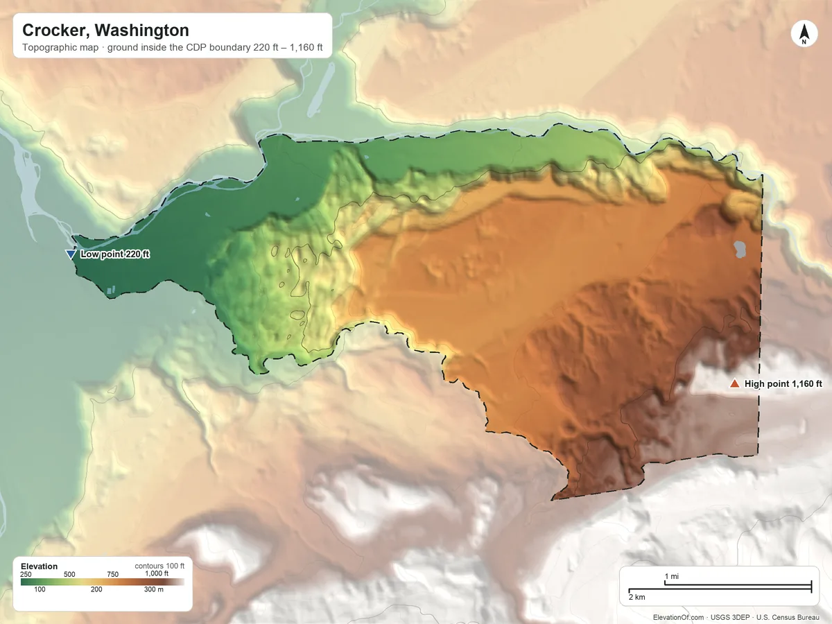 Topographic elevation map of Crocker, Washington, shaded from 220 ft on the west side to 1,160 ft on the east edge, below higher ground just outside