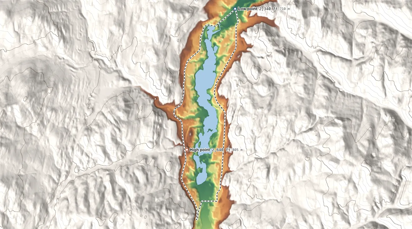 Topographic elevation map of Curlew Lake, Washington, shaded from 2,340 ft on the north side to 2,640 ft at the foot of the Kettle River Range