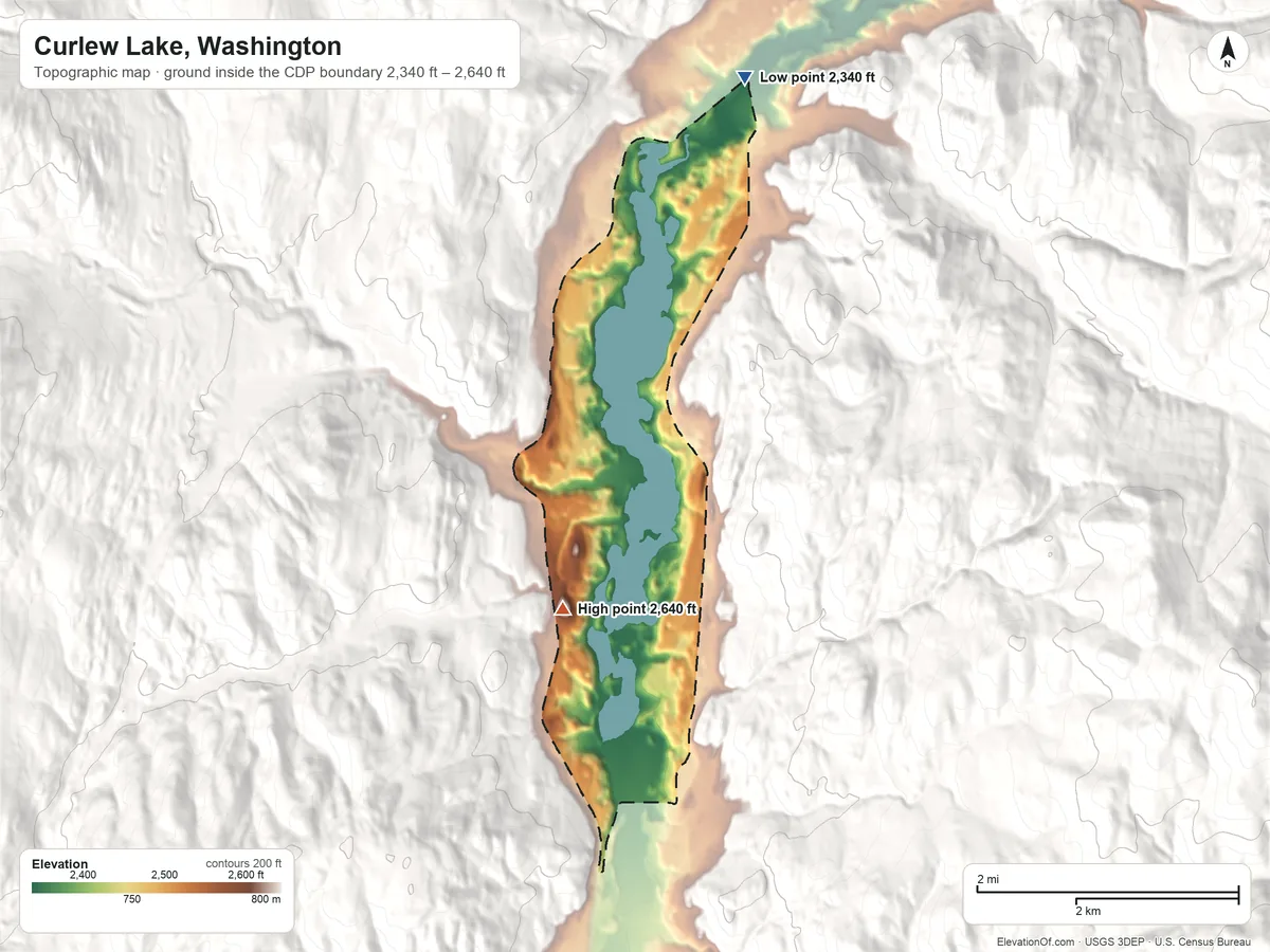 Topographic elevation map of Curlew Lake, Washington, shaded from 2,340 ft on the north side to 2,640 ft at the foot of the Kettle River Range