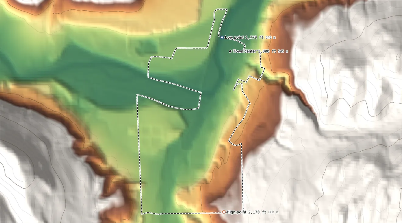 Topographic elevation map of Curlew, Washington, shaded from 1,770 ft near the middle to 2,170 ft at the foot of the Kettle River Range